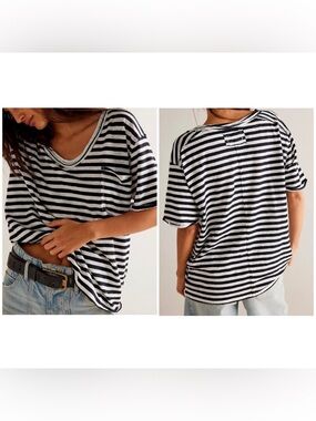 We The Free All I Need Stripe Tee Black/White Slouchy Linen/Cotton V-Neck Medium